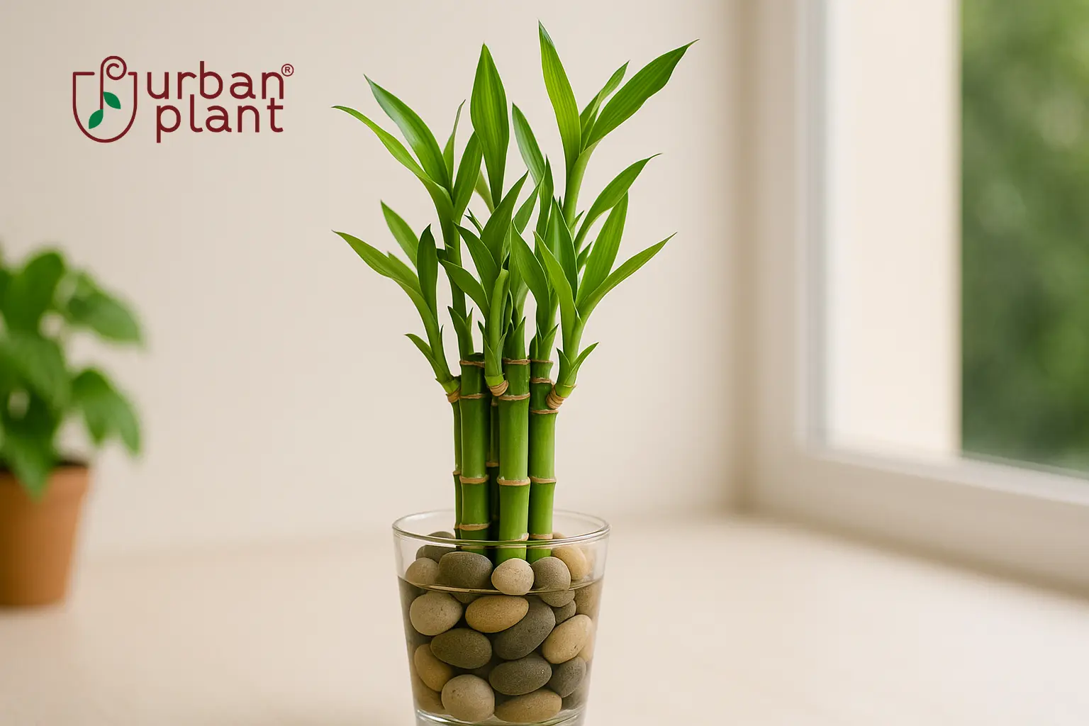 Lucky Bamboo (Dracaena sanderiana) in a glass vase with pebbles symbolizing luck, harmony, and prosperity – Urban Plant